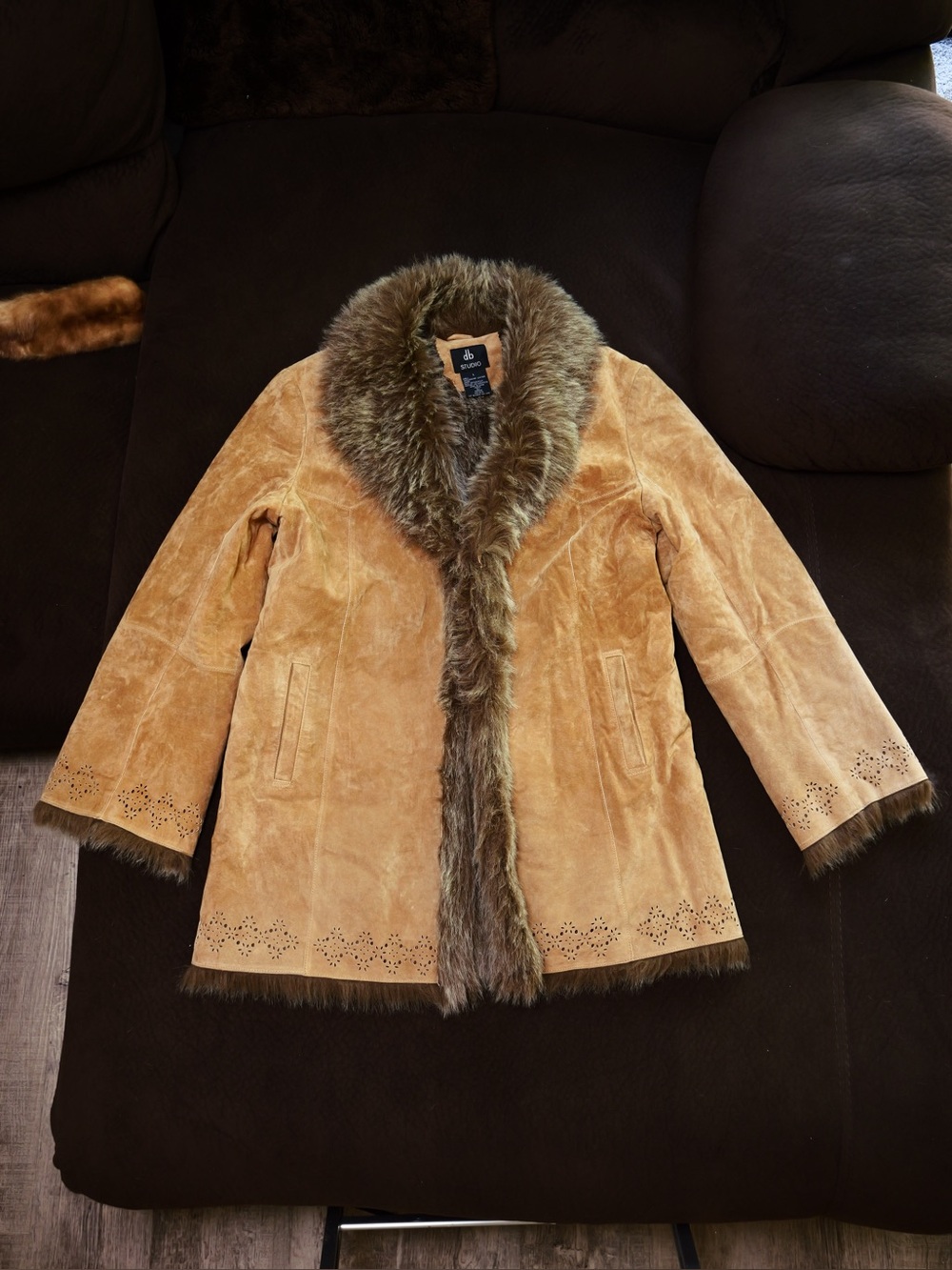 db Studio Women's Leather Faux Fur Tan Trench Coat